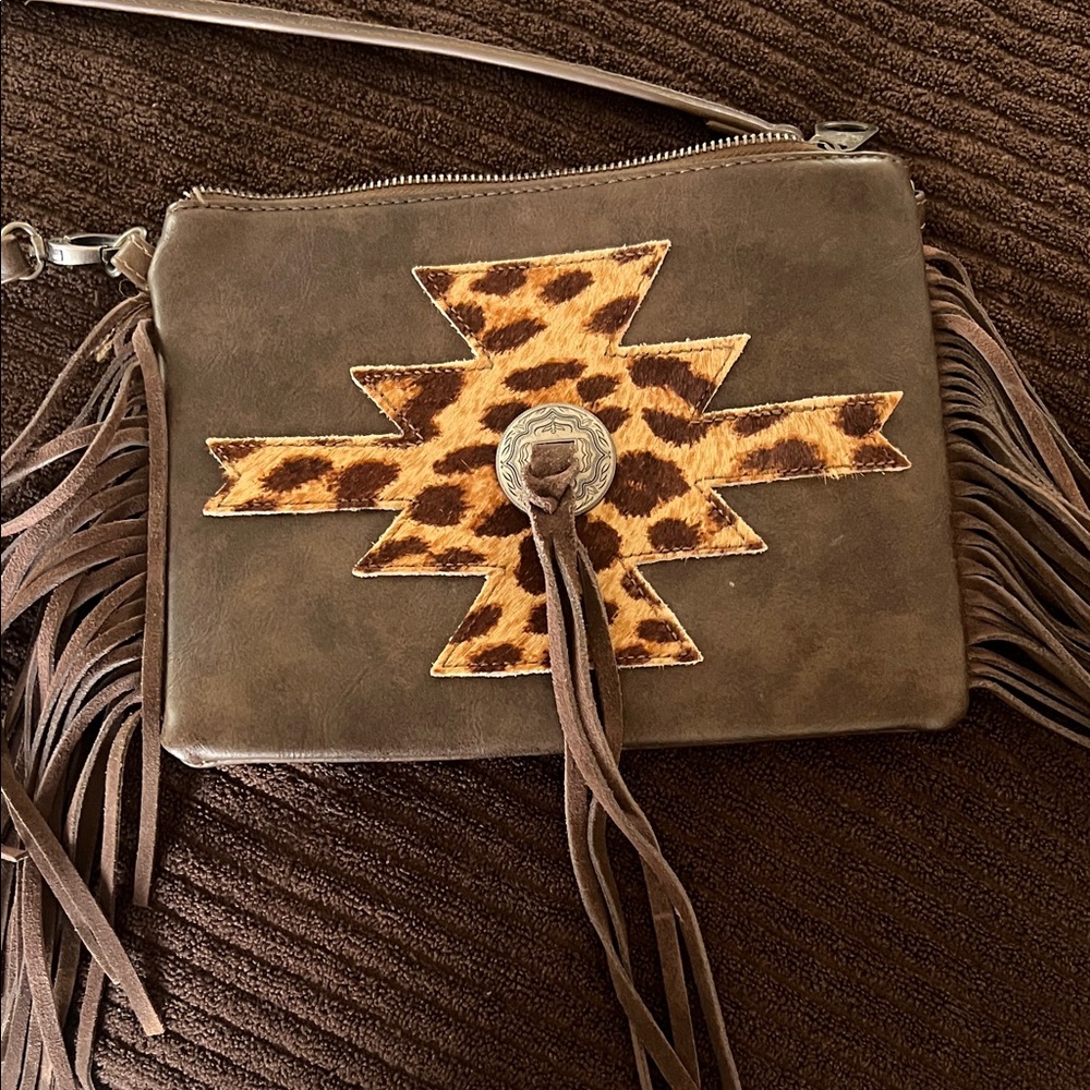 Brown Fringe Crossbody Bag with Leopard Accent